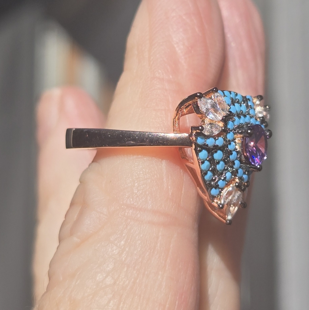 Amethyst Turquise & topaz Sterling & Rosegold Ring Sz8 - Picture 8 of 12